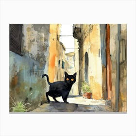 Black Cat In Catania, Italy, Street Art Watercolour Painting 3 Canvas Print