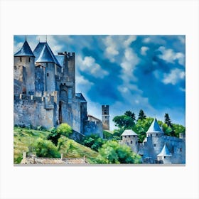 Medieval Castle Carcassonne France. The image showcases a majestic medieval castle, its imposing stone walls and towers rising against a backdrop of a bright blue sky dotted with fluffy white clouds. The castle's gray stone facade is weathered and worn, hinting at its age and history. Lush green foliage surrounds the castle, adding a touch of vibrancy to the scene. Canvas Print