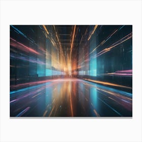 An Abstract Image Of A Futuristic, Glowing Corridor With Streaks Of Light In Shades Of Orange, Pink, And Blue Canvas Print