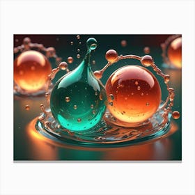 An Abstract Image Of Colorful, Transparent Liquid Spheres Interacting And Creating Splashes On A Reflective Surface Canvas Print