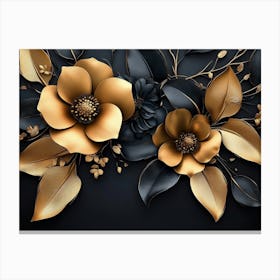 Gold Flowers On Black Background 5 Canvas Print