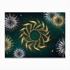 A Festive Display Of Fireworks Against A Dark Green Background, With A Golden, Swirling Design At The Center Canvas Print