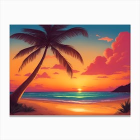 A Tranquil Beach At Sunset Horizontal Illustration 48 Canvas Print