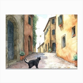 Black Cat In Ascoli Piceno, Italy, Street Art Watercolour Painting 1 Canvas Print