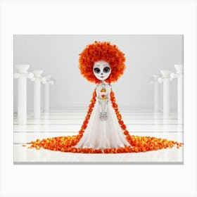 Girl Large Eyes Wreath Of Orange And White Flowers In Curly Hair Long Flower Adorned Dress Face Canvas Print