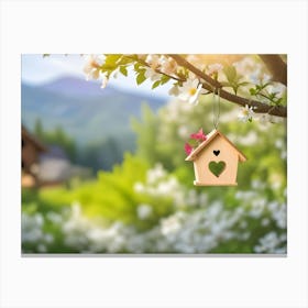 Birdhouse With A Heart Shape On The Apple Tree In Spring Canvas Print