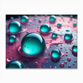 Close Up Of Teal And Pink Liquid With Reflective, Metallic Bubbles, Creating A Mesmerizing Abstract Pattern Canvas Print