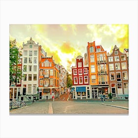 Traditional Dutch Old Houses In Amsterdam At Sunset, Netherlands Canvas Print