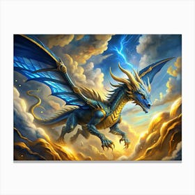 Blue Dragon With Gold Accents Flying Through The Clouds Canvas Print