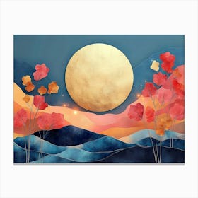 3d With Colorful Background, Colorful Tree Leaves, Mountain and Golden Moon Canvas Print