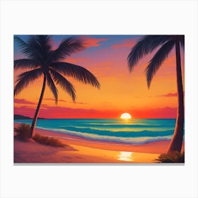 A Tranquil Beach At Sunset Horizontal Illustration 40 Canvas Print