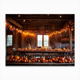 A Traditional Rural Barn Decked Out For An October Thanksgiving Festival Nostalgic Wooden Beams Glo (3) 1 Canvas Print