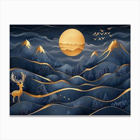 3d Blue Night Landscape With Dark Mountains, Golden Tree And Gold Waves Canvas Print