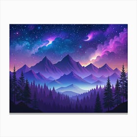 Mountain Landscape At Night With A Starry Sky And Pink Clouds Canvas Print