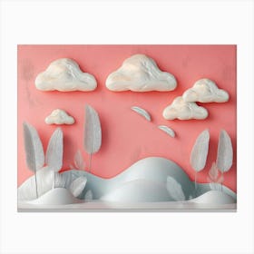 3d Pastel Pink Background Silver Feathers Dreamy Clouds and Unique Canvas Print