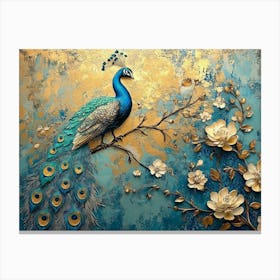 Exquisite Vintage Inspired Artistic Abstract, Floral Peacocks and Gold Accents Canvas Print