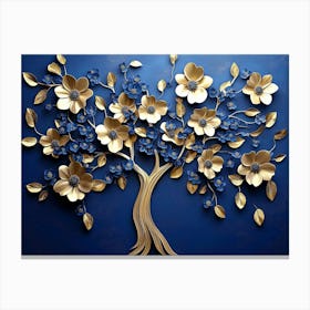 Elegant Gold and Royal Blue Floral Tree with Seamless Leaves and Flowers Hanging Branches 3 Canvas Print