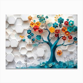 Vibrant Turquoise Tree And Colorful Hexagons Create A Striking Effect Against White Lattice And Floral 1 Canvas Print