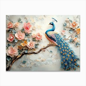 3d Majestic Peacock On Branch With Colorful Flowers Canvas Print