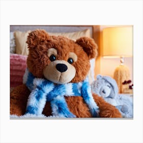 Close Up Of A Cozy Bear Wearing A Fluffy Scarf Snuggled Into A Plush Bed Details Accentuating The Canvas Print