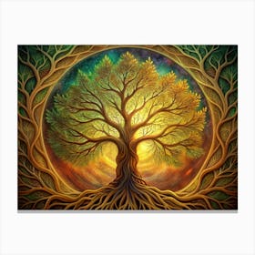 Mystical Golden Tree With Roots And A Colorful Background Canvas Print