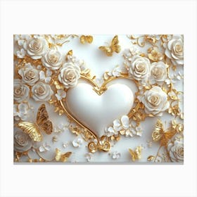 3d White Background With Gold Roses, Butterflies and Heart Canvas Print