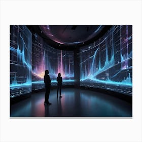 Two People Stand Silhouetted In A Futuristic, Minimalist Space Surrounded By Large Screens Displaying Vibrant, Colorful, Digital Data Visualizations Canvas Print