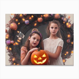 Two Girls Holding Halloween Pumpkins Canvas Print