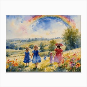 Watercolor Rainbow Children Play in the Meadow on a Summer's Day - Colorful Watercolour of Girls Playing in Pretty Dresses Carefree Perfect Painting - Happiness Joy Butterflies Flowers, Botanical Mama Gallery Wall Artwork Floral Joyful Beautiful Canvas Print