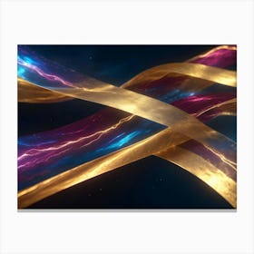 Interwoven Gold Ribbons Interact With Electric Blue And Purple Energy Streams, Creating A Dynamic Abstract Composition Canvas Print