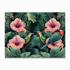 Tropical Background with Exotic Flowers, Birds, Banana Leaves, Palm, Protea, Hibiscus, Hummingbirds 1 Canvas Print