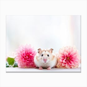 Hamster Nestled Amidst Pink Dahlias Bright Colors Dominating The Composition Set Against A Neutral Canvas Print