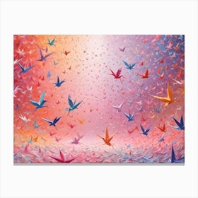 A Multitude Of Colorful Origami Birds Soar Through A Vibrant, Abstract Tunnel Of Light Canvas Print