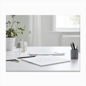 Scandinavian Minimalist Workspace Features Pencil Poised On A Sleek White Desk Adjacent To An Open Canvas Print