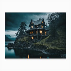 House Lit Up At Night On A Rocky Hill Next To The Beach Canvas Print