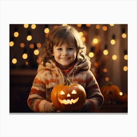 Little Girl Holding A Pumpkin 2 Canvas Print