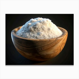 Wooden Bowl Of Fine White Salt On Black Background Canvas Print