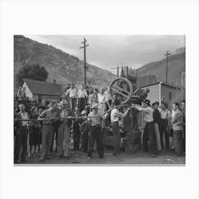 Untitled Photo, Possibly Related To Miner Attaching Airhose To Power Drill Which He Will Use In Drilling Contest, Canvas Print