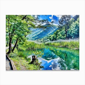 Serene River Landscape. The image depicts a tranquil river scene with lush greenery and a clear blue sky. A winding path leads through a forest of tall trees with vibrant green leaves, bordering the river. The water reflects the sky and surrounding foliage, creating a mirror-like surface. In the foreground, a weathered tree stump stands beside the path, adding a touch of rustic charm. 2 Lienzo