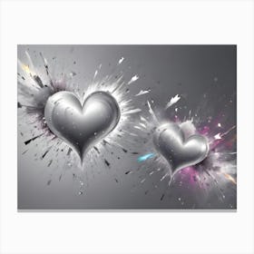 Two Silver Hearts Are Depicted Against A Gray Background, With A Burst Of Colorful Light And Sparks Emanating From Each One, Symbolizing Love, Passion, And Energy Canvas Print