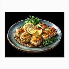 Plate Of Pan Seared Scallops With Lemon And Herbs Canvas Print