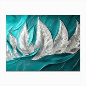 Vibrant 3d Abstract Art Teal Background Shimmering Silver Feathers Bold Volcanic Peaks Modern Stampe su tela