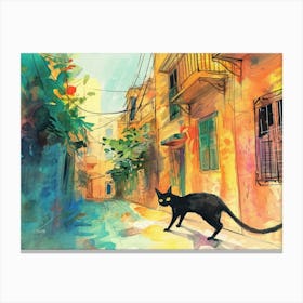 Alexandria, Egypt   Black Cat In Street Art Watercolour Painting 3 Canvas Print