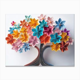 Colorful 3d Origami Paper Tree With Vibrant Flowers On A White Painting Canvas Print