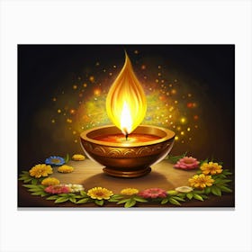 Golden Diwali Diya With Flowers Canvas Print