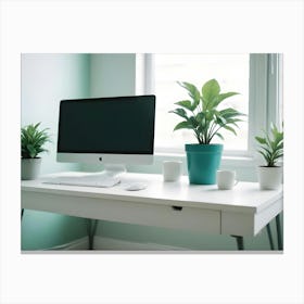 Photo Of A White Desk With A Computer, A Keyboard, A Mouse, Two Potted Plants, And Two Mugs Canvas Print