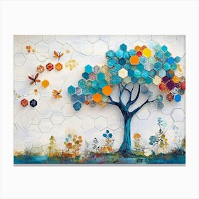 Vibrant Turquoise Tree and Colorful Hexagons Canvas Print