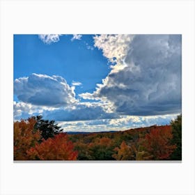 Cumulus Clouds Towering High Above A Serene Autumnal Landscape Sunlight Piercing Through Overcast S (6) Canvas Print