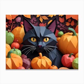 Black Cat Sitting In A Pile Of Pumpkins Low Poly Style Canvas Print