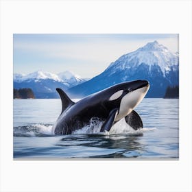 Realistic Photography Of Orca Whale Diving Out Of Water, Mountain In The Background Canvas Print